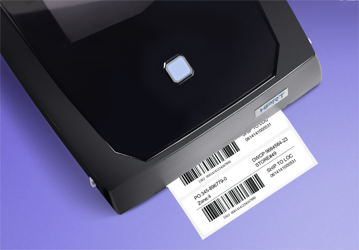 A label being printed from a बारकोड प्रिंटर