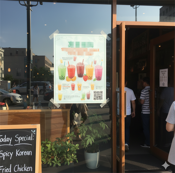 स्टोर के प्रवेश द्वार पर एक प्रचार पोस्टर पर क्यूआर कोड